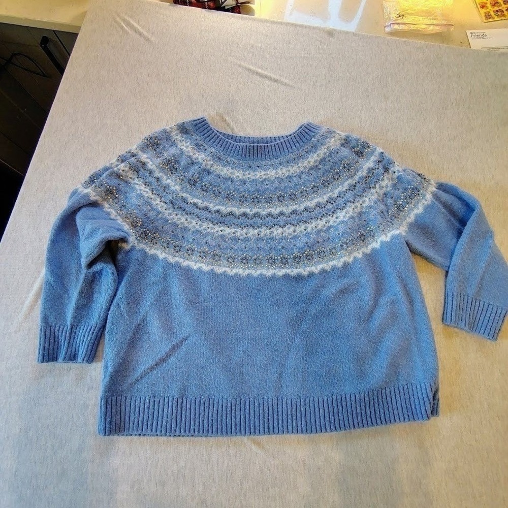 Light Blue Beaded Embellished‎ Crew Neck Sweater Women's Size 3X